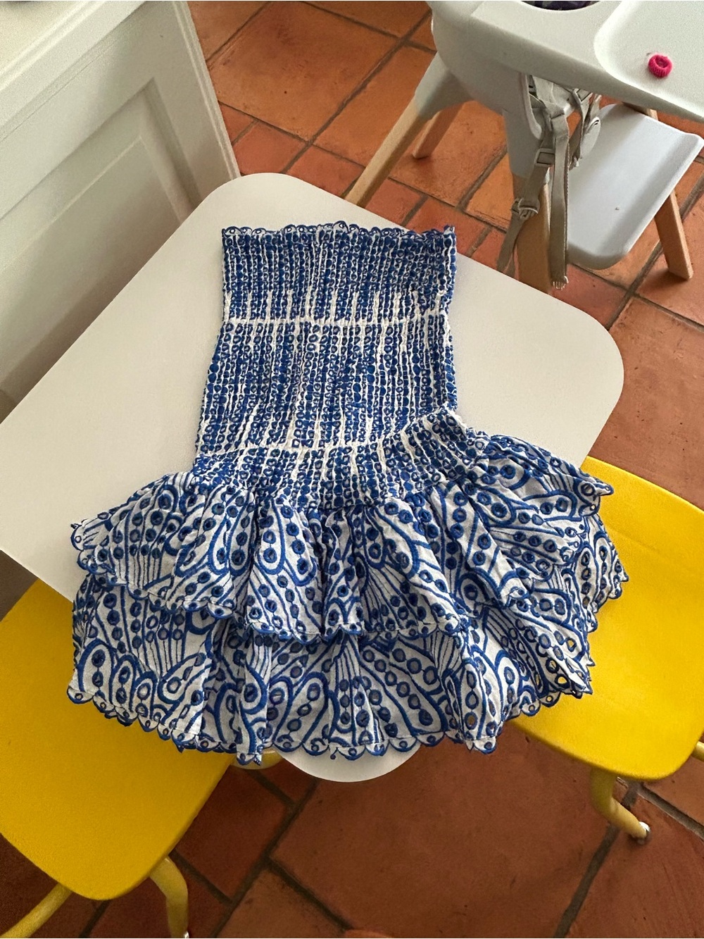 Blue and White Smocked Ruffle Mini Skirt - BrandSmocked Ruffle Dress